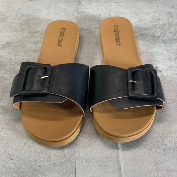 OLIVIA MILLER Women's Black Mia Buckle Round-Toe Slide Sandals SZ 10 - Picture 1 of 6
